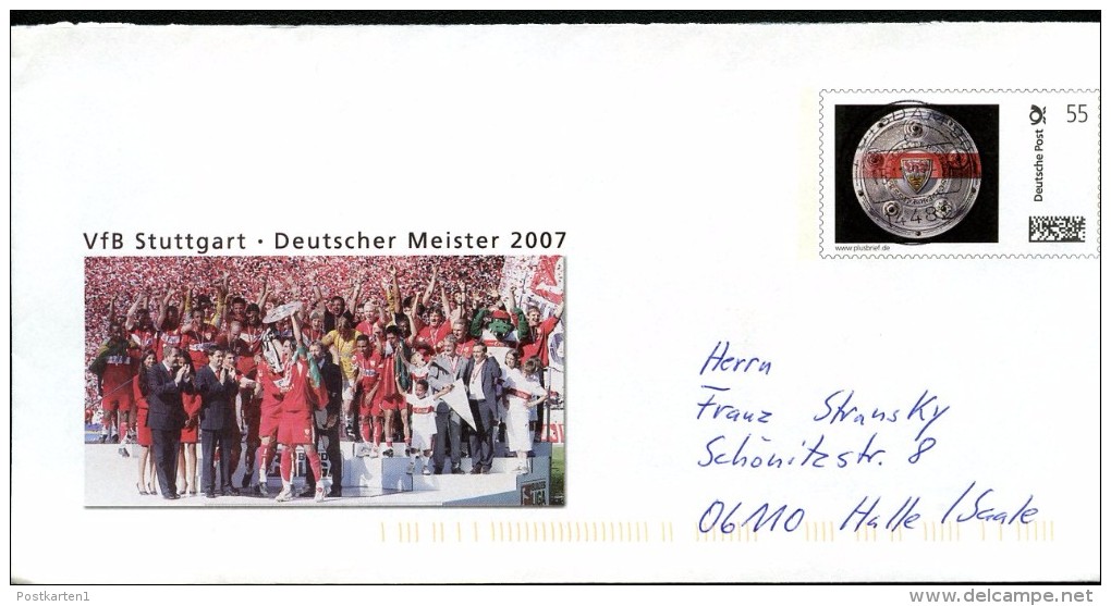 BUND UI-1 Privat-Umschlag FUSSBALL DEUTSCHER MEISTER VfB Stuttgart 2007 - Enveloppes Privées - Oblitérées