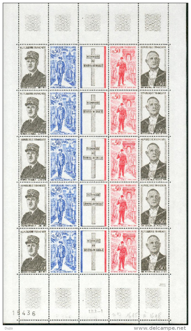 France 1971 - Feuille De 5 Exemplaires - Anniversaire De La Mort Du Général De Gaulle - Y&T N° 1698A ** Neuf Luxe - Full Sheets