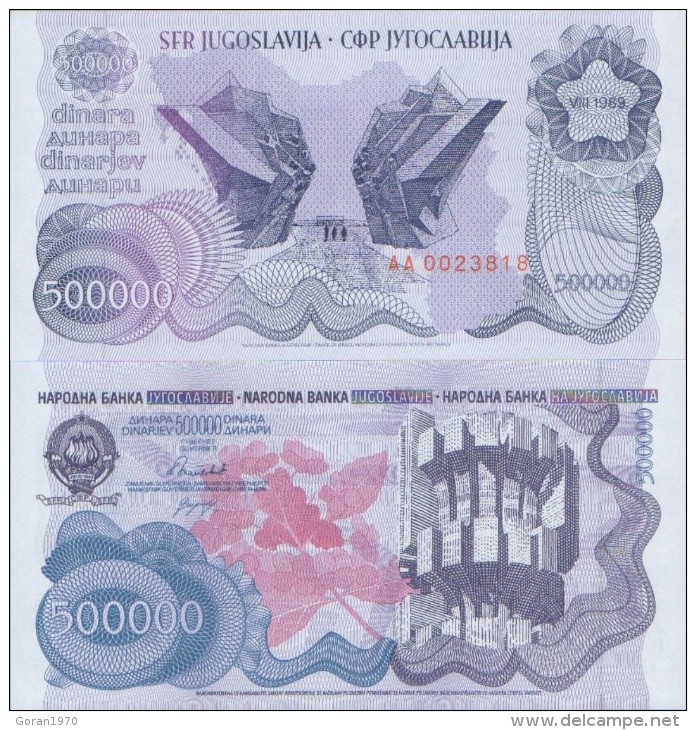 YUGOSLAVIA 500.000 Dinara 1989 P-98  UNC - Yugoslavia