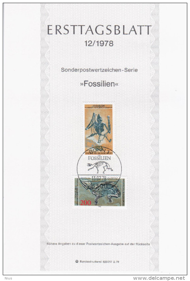 Germany Deutschland 1978-12 ETB ERSTTAGSBLATT "Fossilien" Dinosaur Prehistory Fossils, First Day Sheet, Bonn - 1974-1980