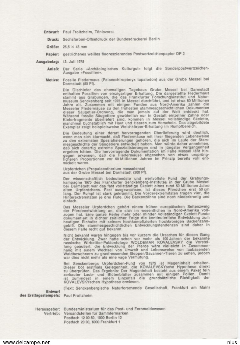 Germany Deutschland 1978-12 ETB ERSTTAGSBLATT "Fossilien" Dinosaur Prehistory Fossils, First Day Sheet, Bonn - 1974-1980