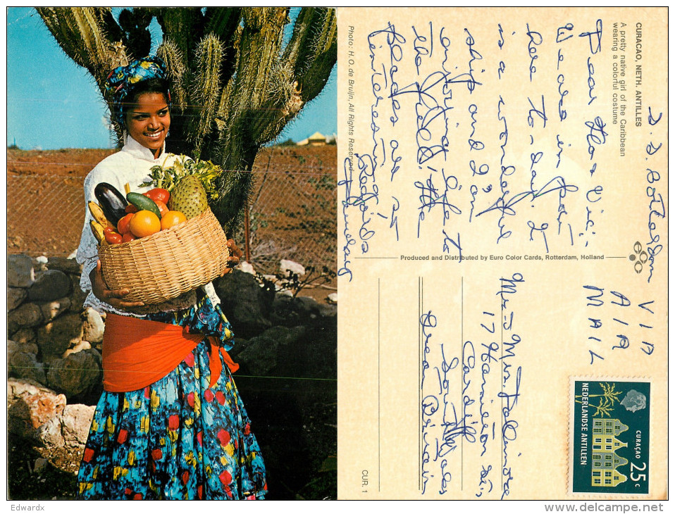 Pretty Native Girl, Curacao, Netherlands Antilles Postcard Posted 1980 Stamp - Curaçao