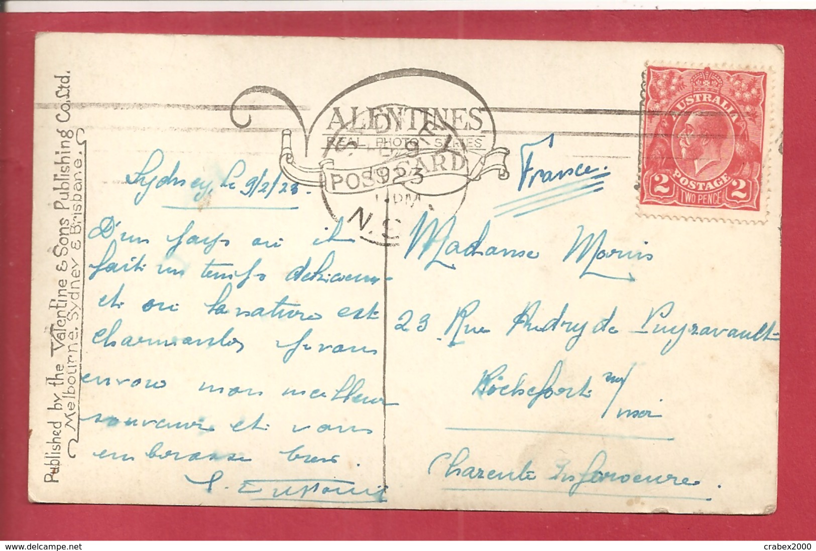 YetT N°26 SIDNEY  Vers FRANCE   1923 VOIR LES 2 SCANS - Briefe U. Dokumente