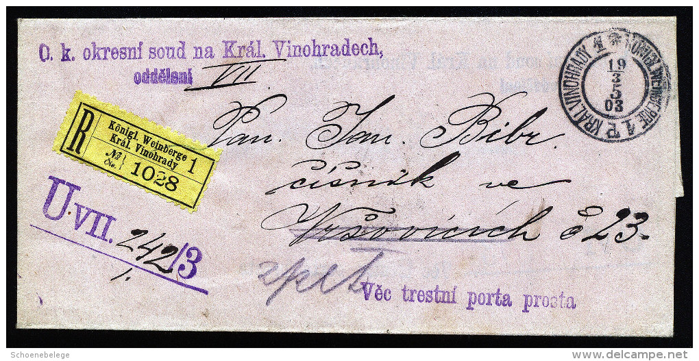 A4318) Österreich Austria R-Briefhülle Von Königl. Weinberge 19.3.1903 - Storia Postale