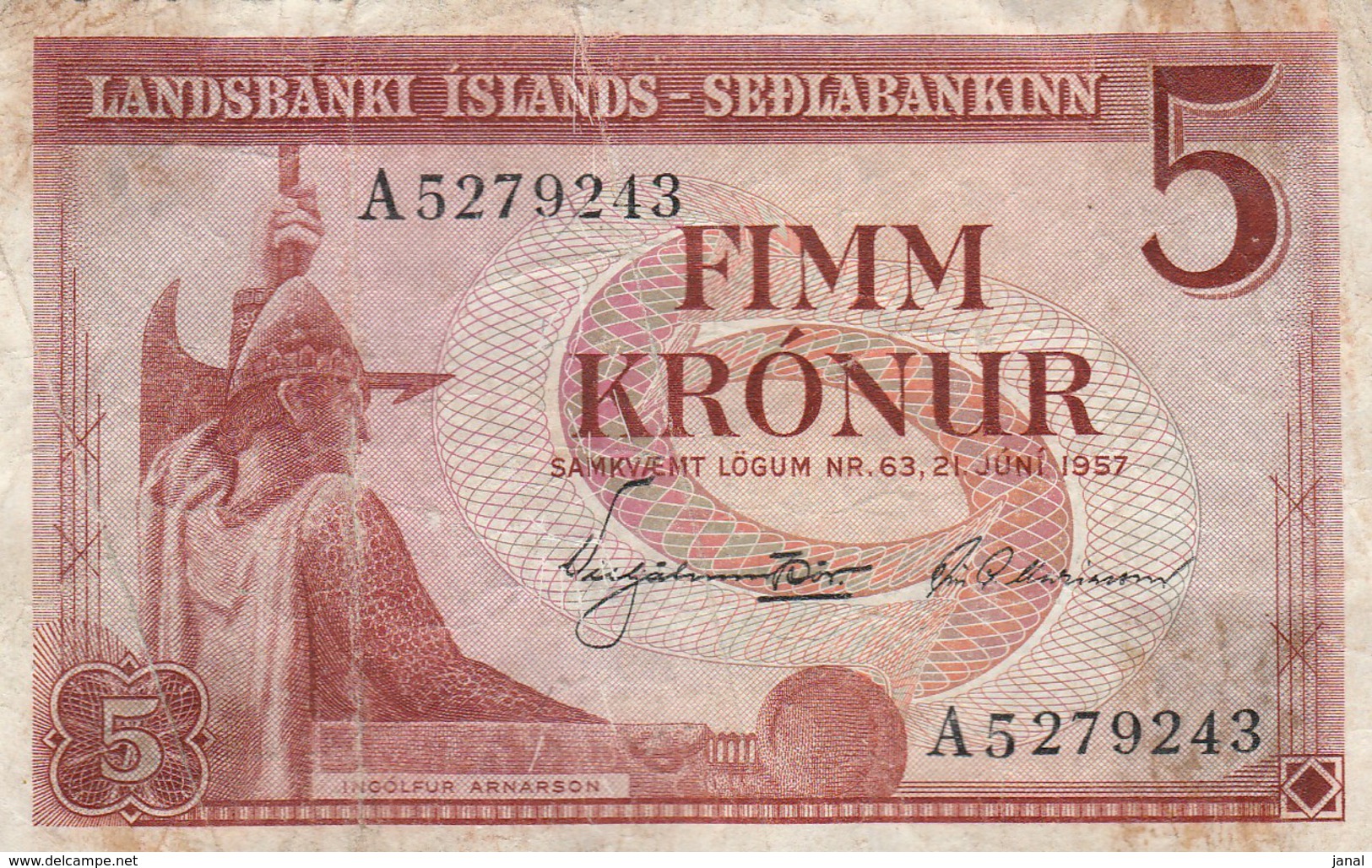 ISLANDE - BILLET - 5 -  FIMM KRONUR - 1957 - A5279243 - Iceland