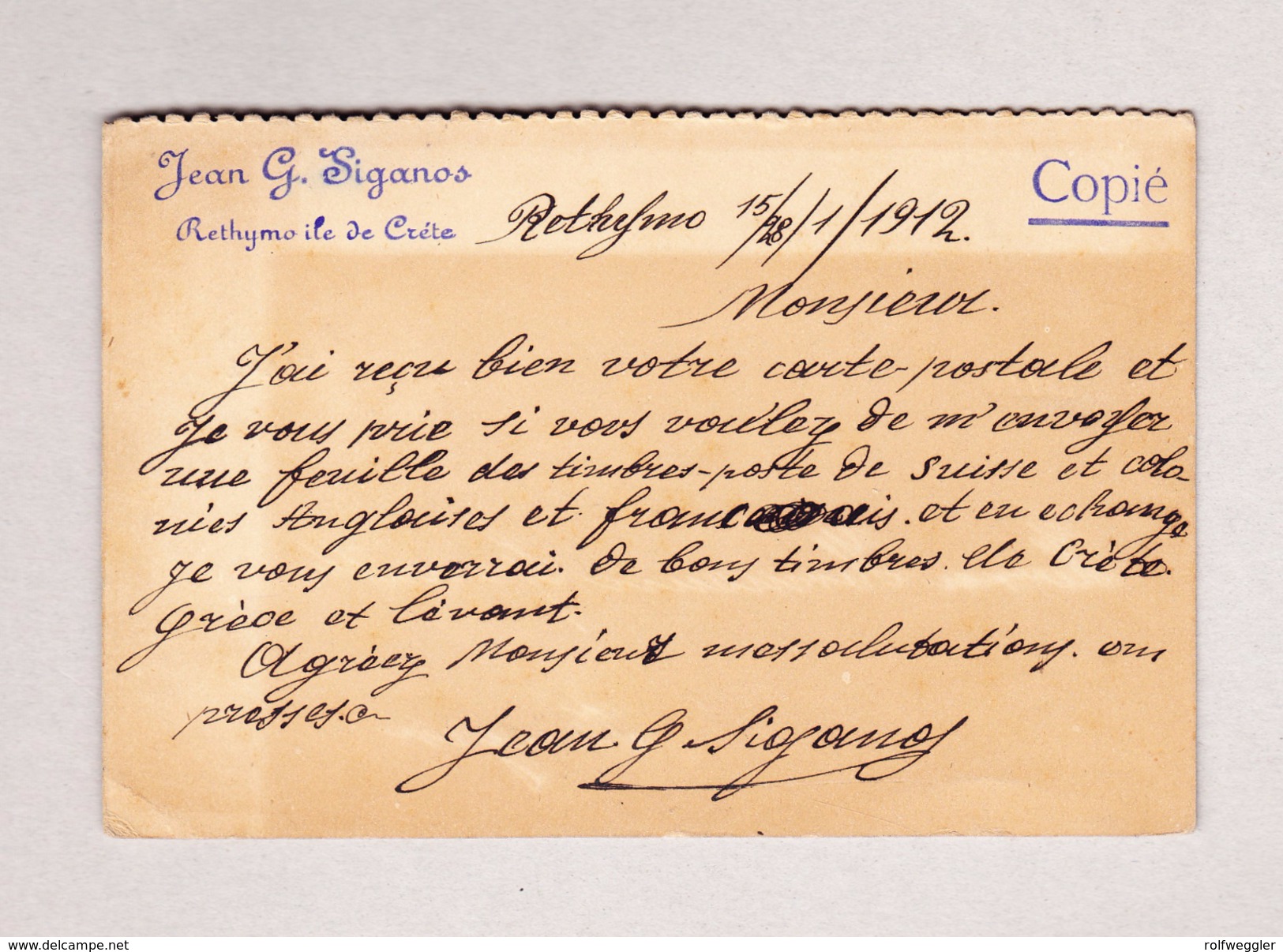 Kreta PEOYMNON 16.1.1912 Antwortkarte GS 10a Mit Aufdruck Nach La Chaux-de-Fonds Selten - Crète