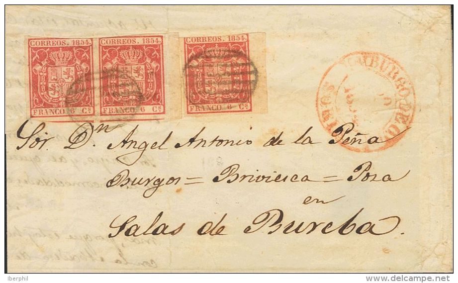 24(3) SOBRE 1854. 6 Cuartos Carmín, Pareja Y Sello Suelto (bordes De Hoja). BURGO DE OSMA A SALAS DE BUREBA. MAGN - Ungebraucht