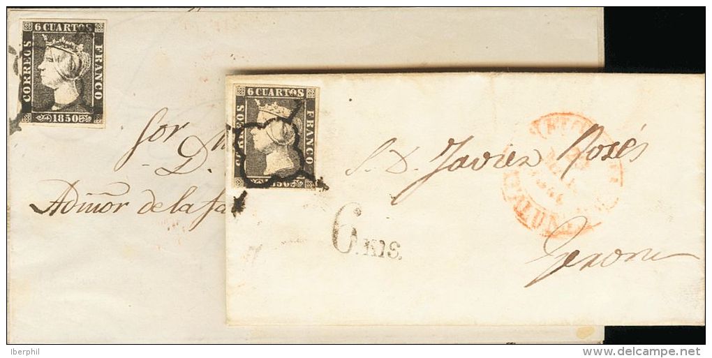 1, 1A SOBRE 1850. Conjunto De Dos Cartas Franqueadas Con El 6 Cuartos Negro Y Circuladas De BARCELONA A GERONA, Ambas Co - Nuevos