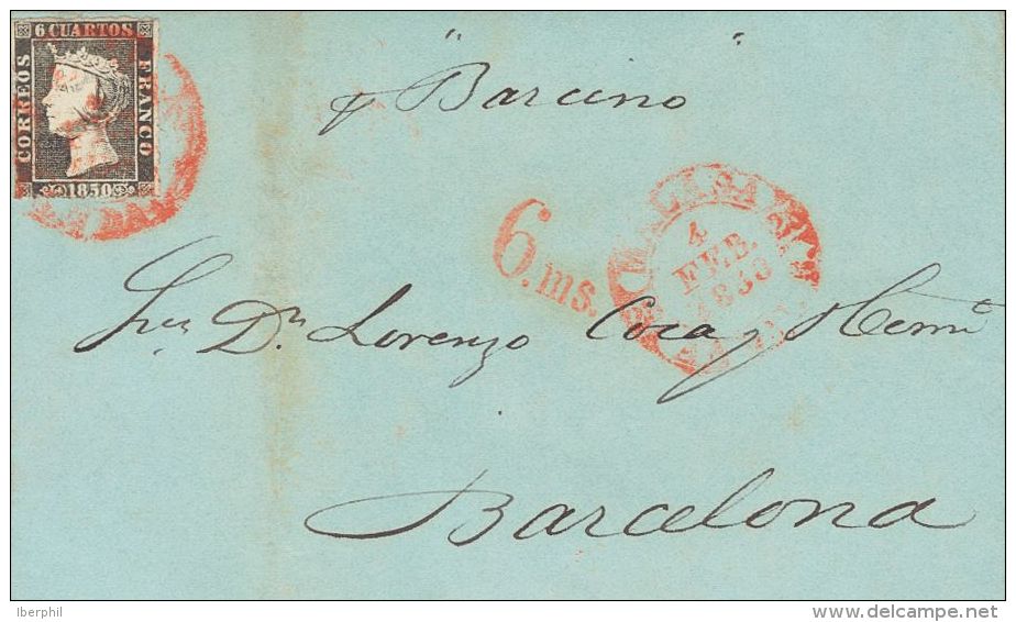 1 SOBRE 1850. 6 Cuartos Negro. MALAGA A BARCELONA. Matasello Baeza MALAGA / ANDAL.B. Y Manuscrito Vapor "Barcino". MAGNI - Nuevos