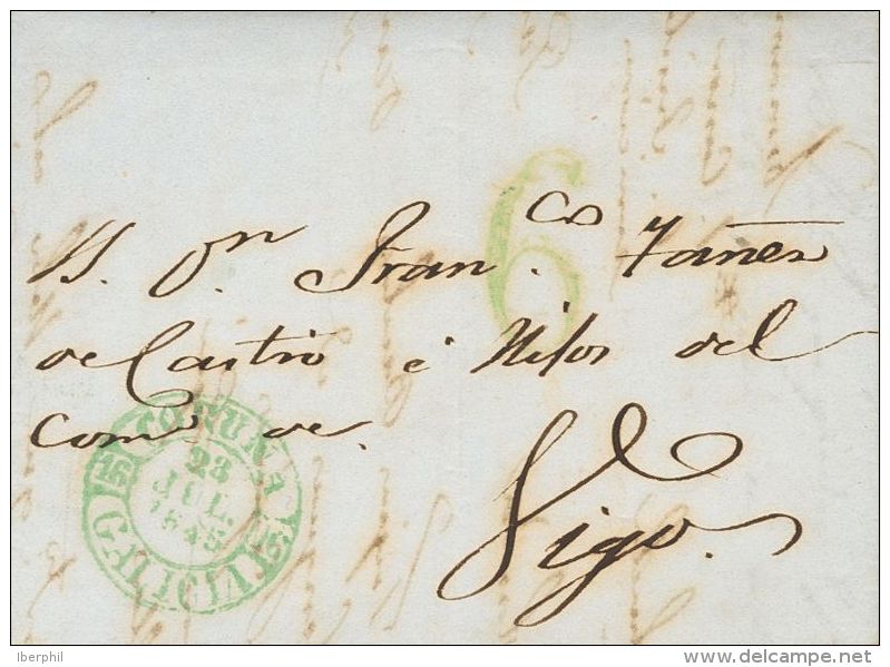 SOBRE 1845. CORUÑA A VIGO. Baeza CORUÑA / GALICIA (Tipo II), En Verde. MAGNIFICA. - ...-1850 Prephilately