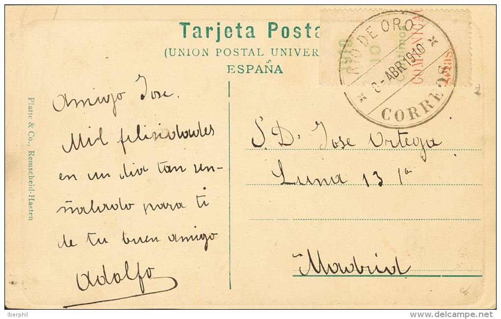 56MP SOBRE 1910. 10 Cts Verde Sobre Borde De Hoja. Tarjeta Postal De RIO DE ORO A MADRID. Matasello RIO DE ORO / CORREOS - Sonstige & Ohne Zuordnung