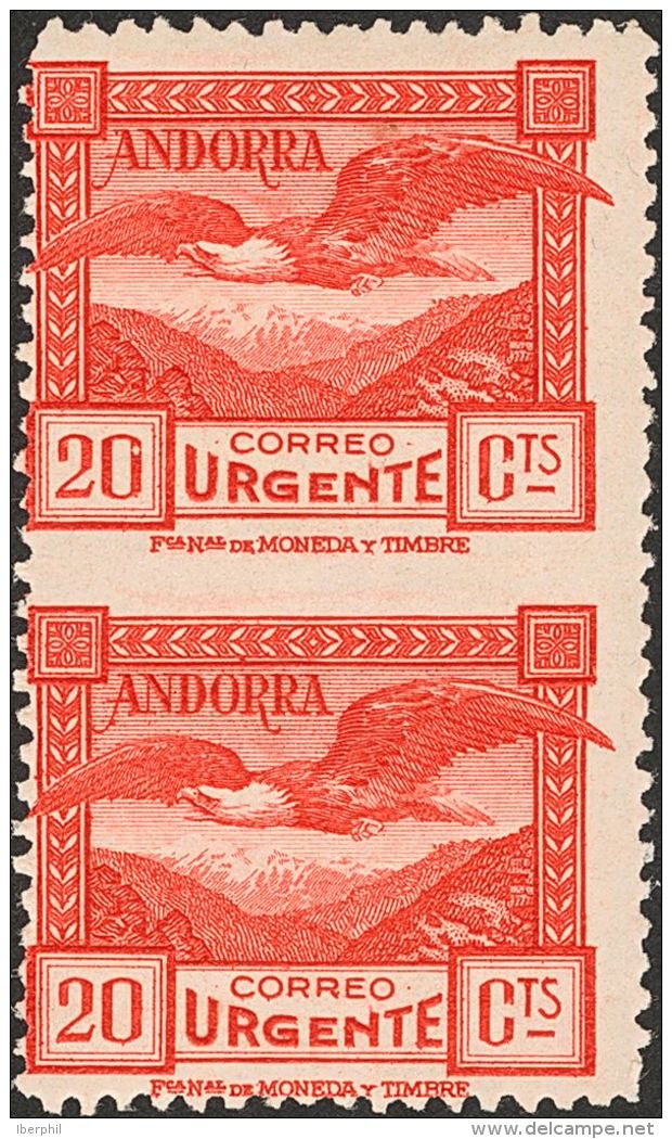 27spv ** 20 Cts Rojo, Parja Vertical. SIN DENTAR ENTRE LOS SELLOS. MAGNIFICO Y MUY RARO. @Edifil 2013: +775&euro; - Otros & Sin Clasificación