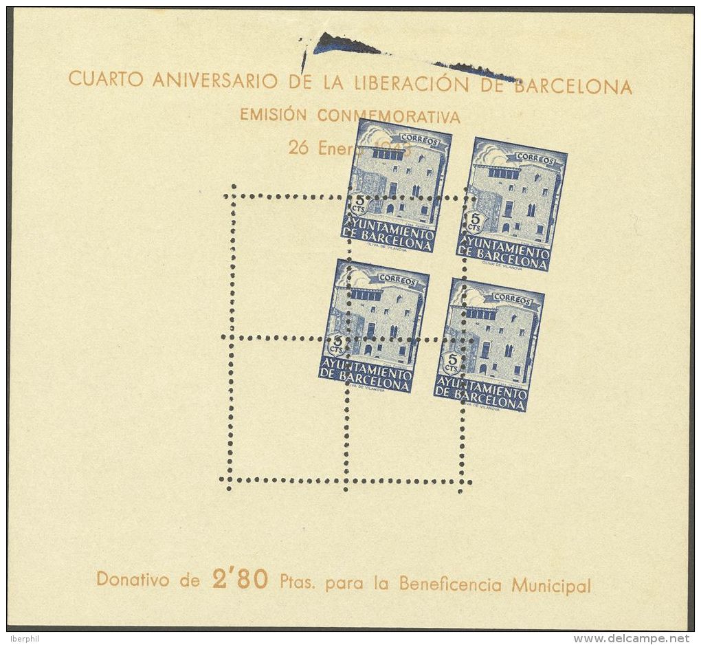 48P (*) 5 Cts Azul, Hoja Bloque. PRUEBA DE IMPRESION, De Encuadre Del Dibujo. MAGNIFICA Y RARA. - Barcelona