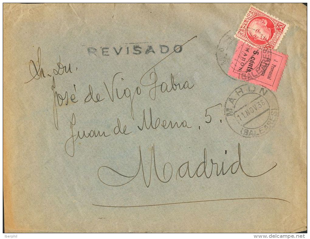 687 SOBRE 1936. 30 Cts Carmín Y 5 Cts Rosa (Tipo I) Local De JUNTA PROVINCIAL DE SOCORROS / MAHON. MAHON A MADRID - Nationalistische Ausgaben