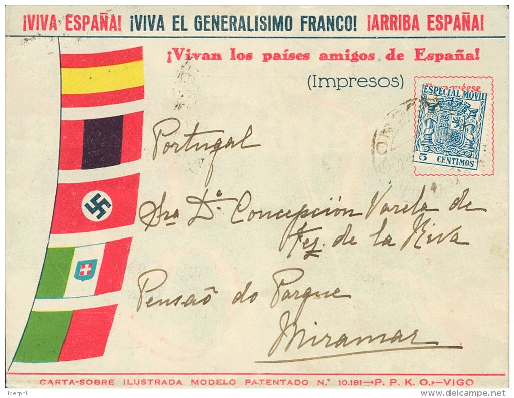 49 SOBRE 1937. 5 Cts Azul Especial Móvil. Carta-Sobre (Modelo 10181) De GONDOMAR (PONTEVEDRA) A MIRAMAR (PORTUGAL - Nationalistische Ausgaben