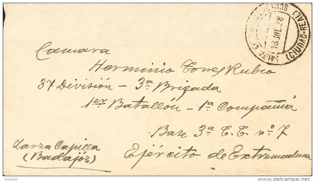 SOBRE 1938. SANTA CRUZ DE LOS CAÑAMOS (CIUDAD REAL) A ZARZA CAPILLA (BADAJOZ). Al Dorso Manuscrito "Certifico: Qu - Emisiones Nacionalistas