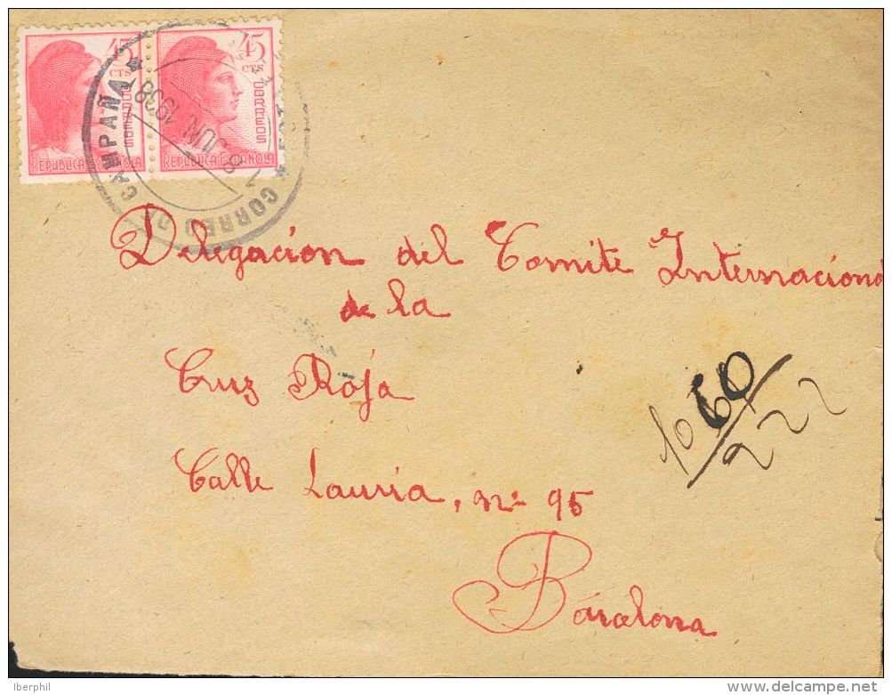 752(2) SOBRE 1938. 45 Cts Rosa, Pareja. Desde "el Frente De Levante" A BARCELONA. Matasello CORREO DE CAMPAÑA / E - Nationalistische Ausgaben