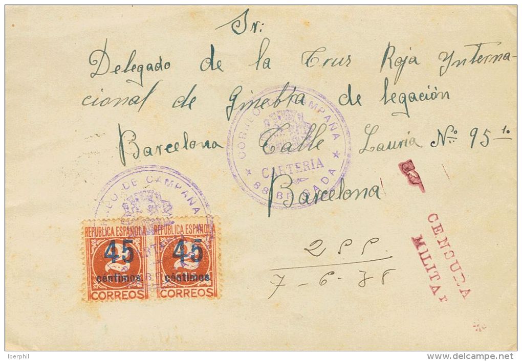 744(2) SOBRE 1938. 45 Cts Sobre 2 Cts Casta&ntilde;o, Dos Sellos. MENGIBAR (JAEN) A BARCELONA. Matasello CORREO DE CAMPA - Nationalistische Ausgaben