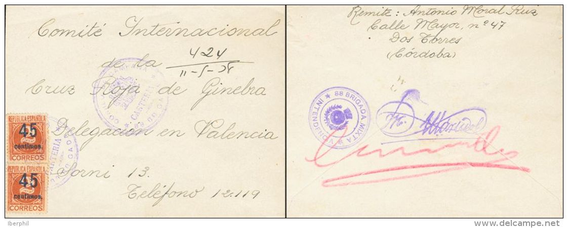 744(2) SOBRE 1938. 45 Cts Sobre 2 Cts Casta&ntilde;o, Dos Sellos. DOS TORRES (CORDOBA) A VALENCIA. Matasello CORREO DE C - Nationalistische Ausgaben