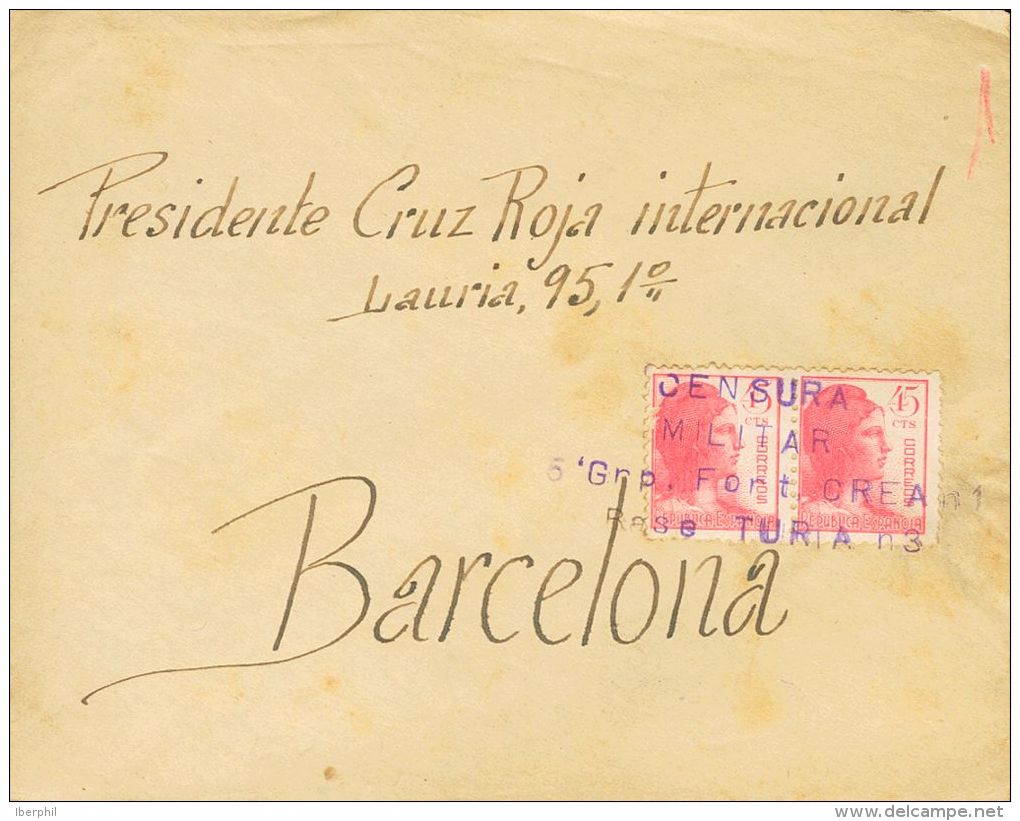 752(2) SOBRE (1936ca). 45 Cts Rosa, Pareja. Dirigida A BARCELONA. Matasello CENSURA / MILITAR / 5&ordm; GRP. FORT. CREA - Nationalistische Ausgaben