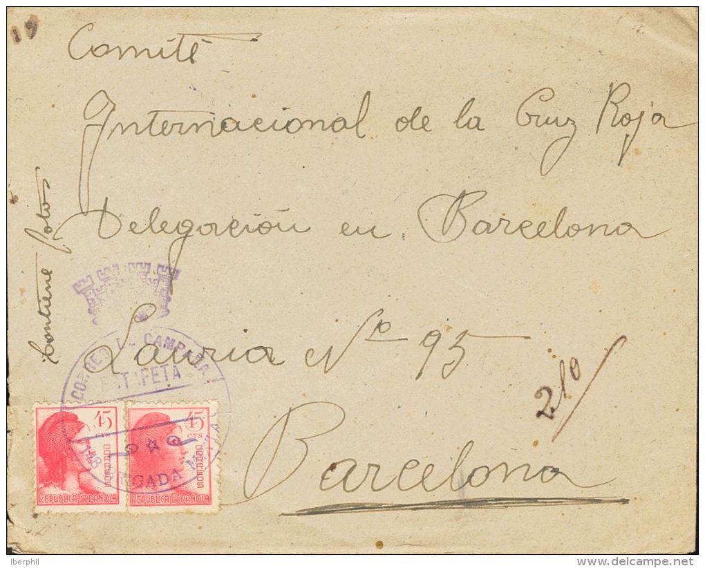 752(2) SOBRE 1936. 45 Cts Rosa, Dos Sellos. Dirigida A BARCELONA. Matasello CORREO DE CAMPAÑA / ESTAFETA / 148 BR - Emisiones Nacionalistas