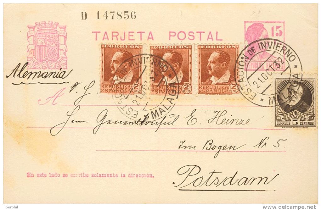 EP69, 662(3), 663 SOBRE 1932. 15 Cts Lila Sobre Tarjeta Entero Postal De MALAGA A POTSDAM (ALEMANIA), Con Franqueo Compl - Otros & Sin Clasificación
