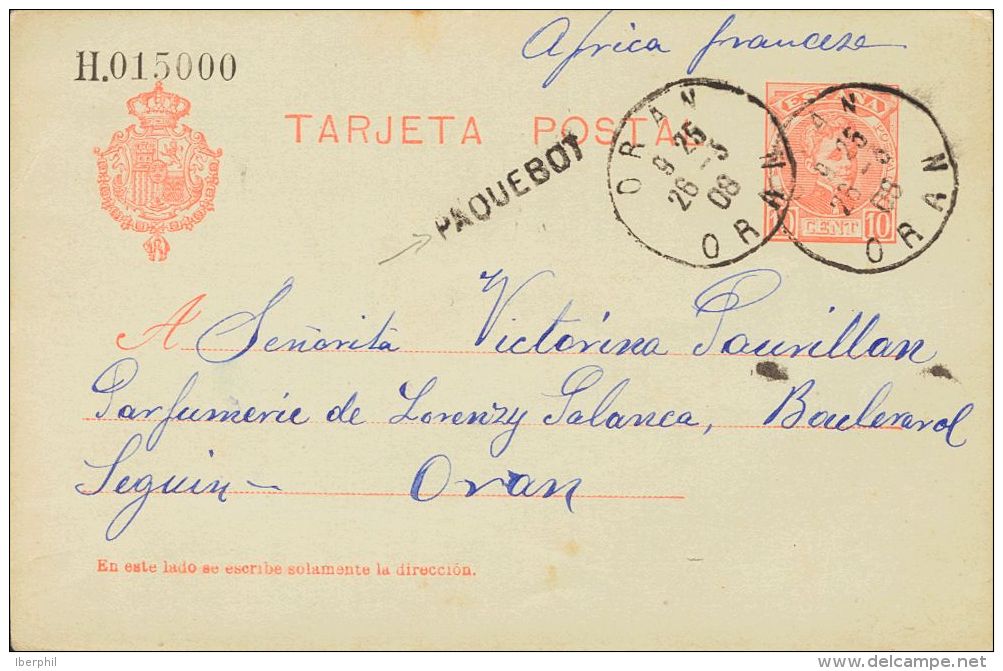 EP45 SOBRE 1908. 10 Cts Naranja Sobre Tarjeta Entero Postal De ALICANTE A ORAN (ARGELIA). Matasello ORAN / ORAN Y Marca - Sonstige & Ohne Zuordnung