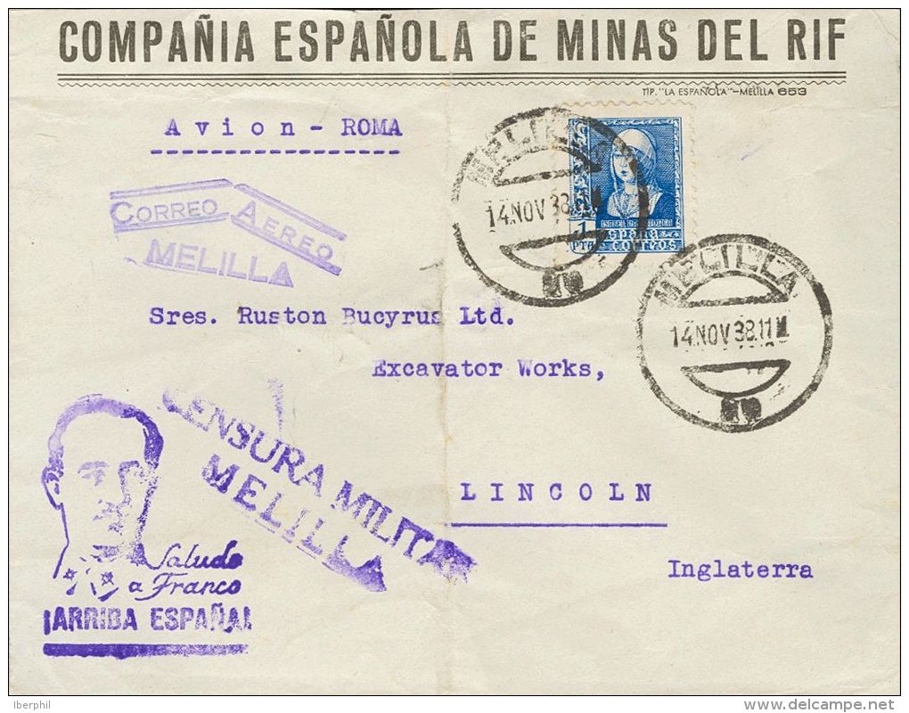 860 SOBRE 1938. 1 Pts Azul. Compa&ntilde;ía Espa&ntilde;ola De Minas Del Rif De MELILLA A LINCOLN (INGLATERRA). E - Ungebraucht