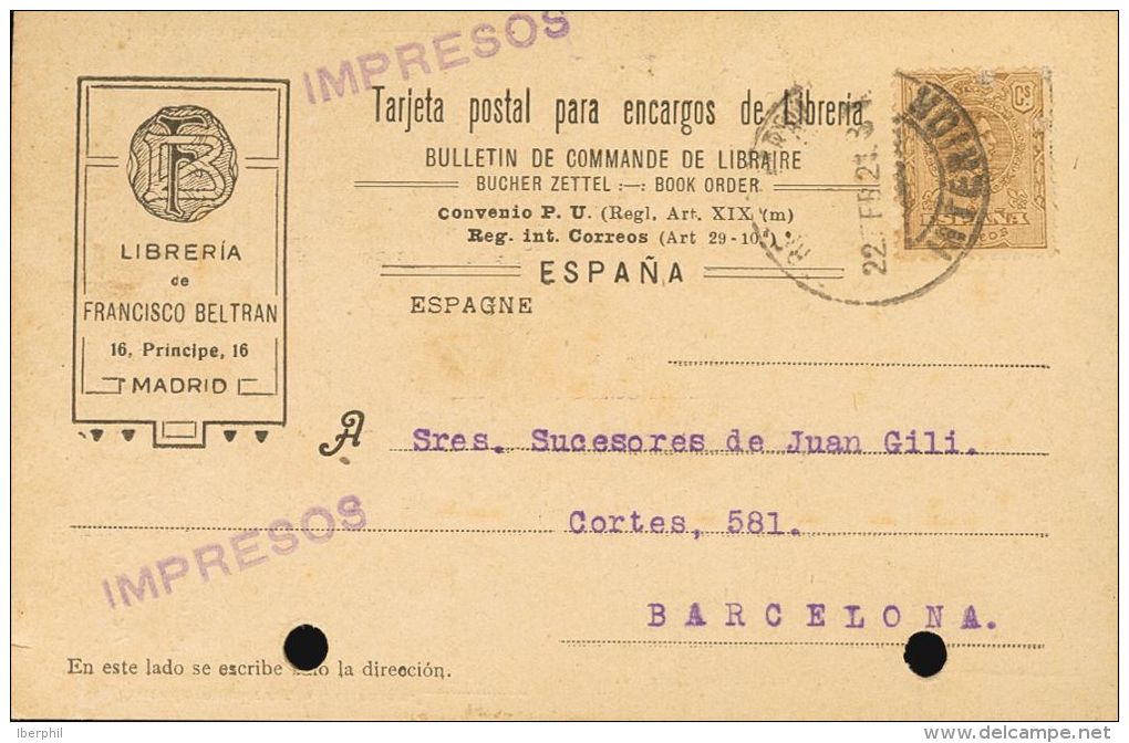 289 SOBRE 1921. 2 Cts Casta&ntilde;o. Tarjeta Postal De La Casa Comercial "Librería De Francisco Beltrán" - Ungebraucht