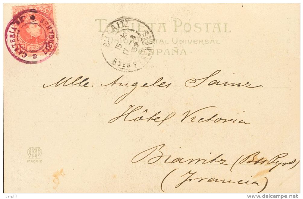 243 SOBRE 1907. 10 Cts Rojo. Tarjeta Postal De LIERGANES (CANTABRIA) A BIARRITZ (FRANCIA). Matasello Especial CARTERIA D - Ungebraucht
