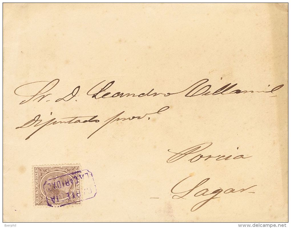 219 SOBRE (1889ca). 15 Cts Casta&ntilde;o. LA CARIDAD A LAGAR. Matasello CARTERIA / LA CARIDAD, En Violeta. MAGNIFICA. - Unused Stamps
