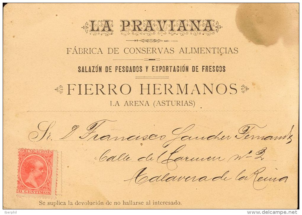 218 SOBRE 1900. 10 Cts Bermellón. Tarjeta Postal (sin Matasellar) Publicitaria De La Casa "LA PRAVIANA" De LA ARE - Ungebraucht