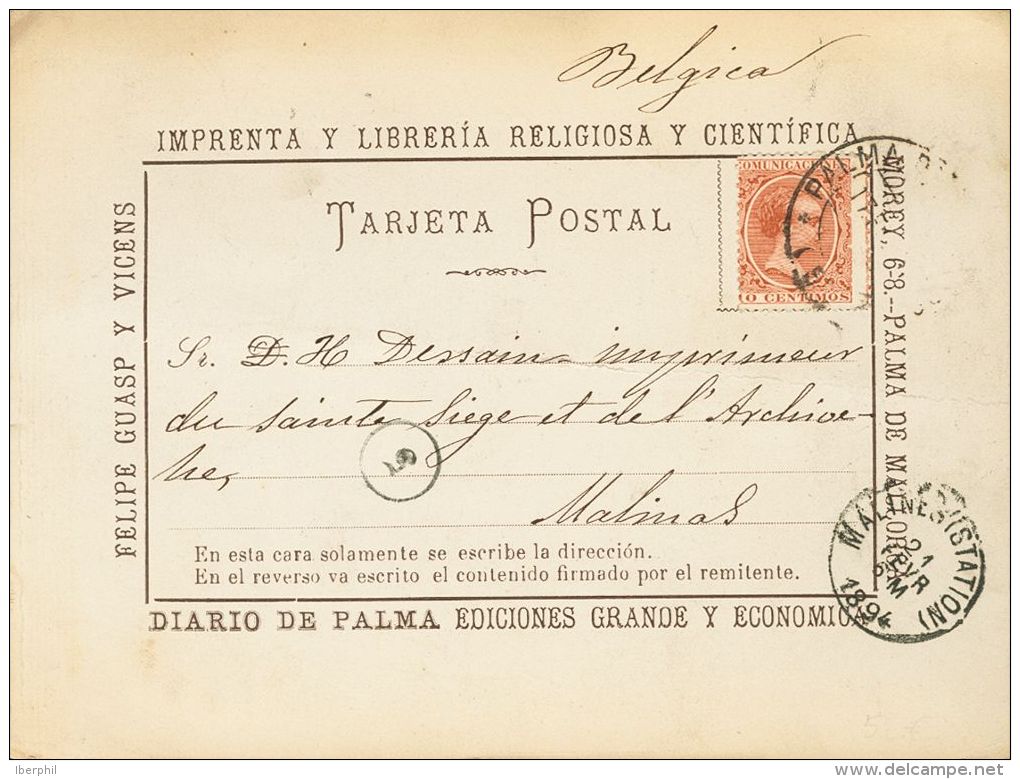 217 SOBRE 1894. 10 Cts Casta&ntilde;o. Tarjeta Postal Comercial "Felipe Guasp Y Vicens" De PALMA DE MALLORCA A MALINAS ( - Neufs