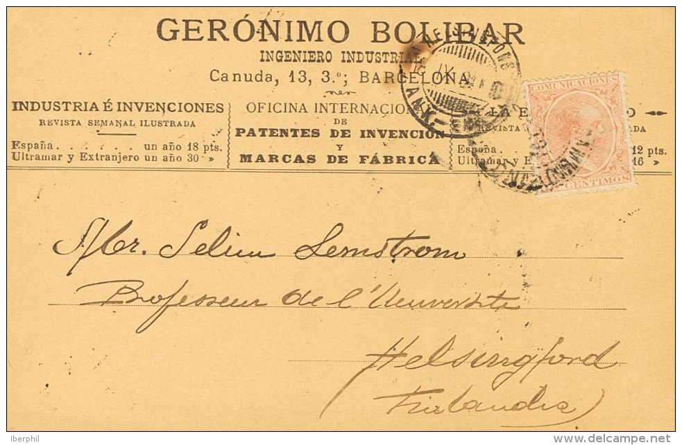 217 SOBRE 1889. 10 Cts Casta&ntilde;o Claro. Tarjeta Postal De La Casa Comercial "Gerónimo Bolibar" De BARCELONA - Unused Stamps