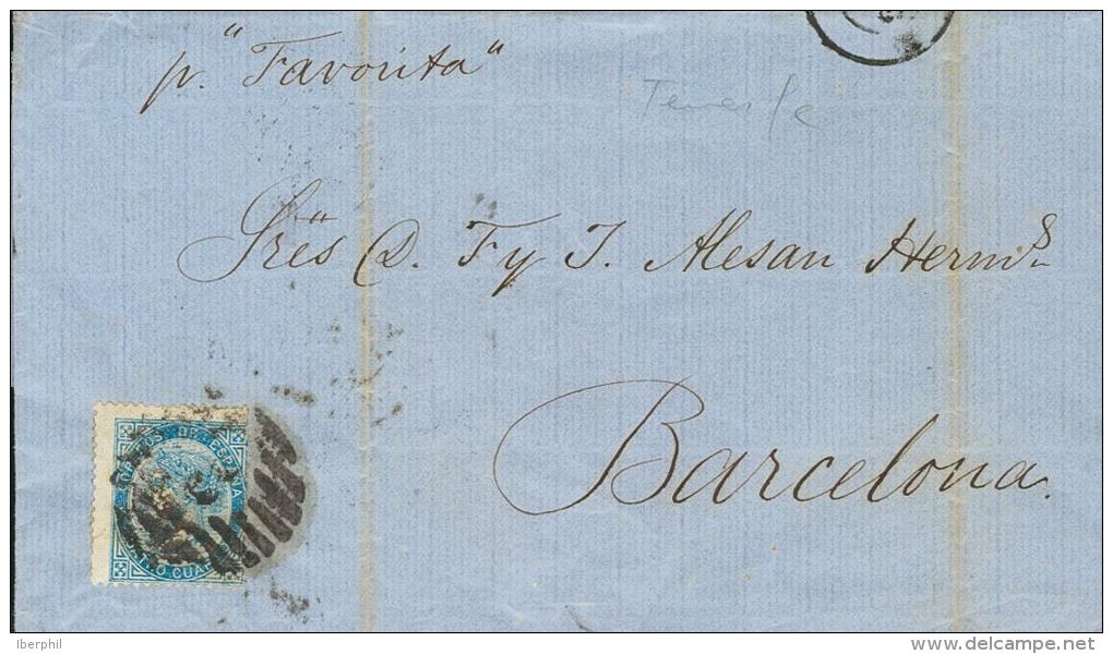 88 SOBRE 1867. 4 Cuartos Azul. SANTA CRUZ DE TENERIFE A BARCELONA. Matasello PARRILLA CON N&ordm;3, Aplicada En Tr&aacut - Ungebraucht