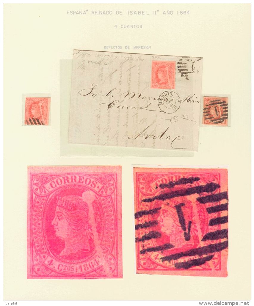 64 SOBRE 1864. Conjunto De Dos Sellos Y Una Carta (el Sello Sin Matasellar) Del 4 Cuartos Rojo Con La Variedad GRAN DEFE - Ungebraucht