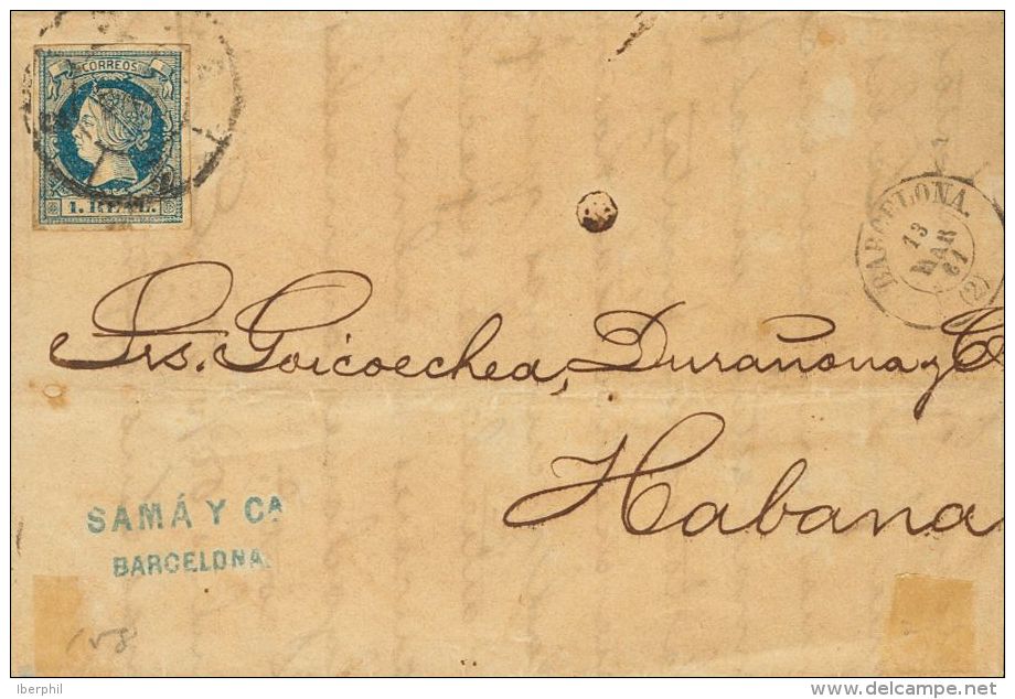 55 SOBRE 1861. 1 Real Azul. BARCELONA A LA HABANA (CUBA). Matasello R.CARRETA N&ordm;2. MAGNIFICA. - Ungebraucht
