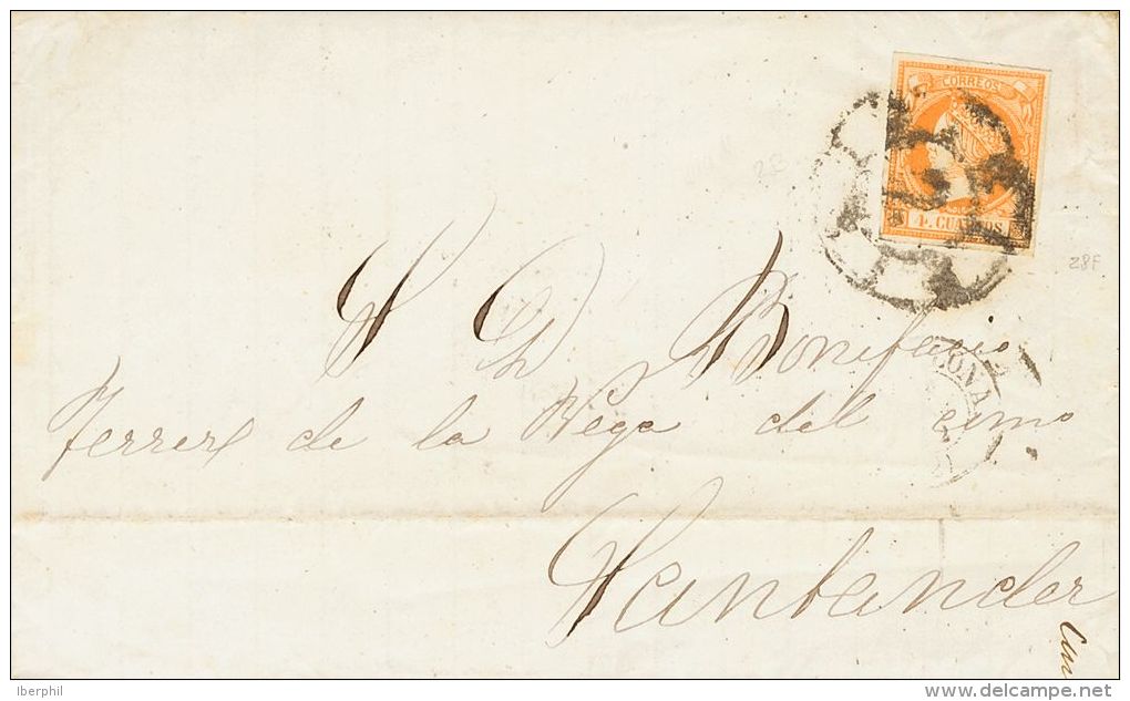 52F SOBRE 1862. 4 Cuartos Naranja FALSO POSTAL TIPO X. BARCELONA A SANTANDER. Matasello R.CARRETA N&ordm;2, De Barcelona - Nuevos