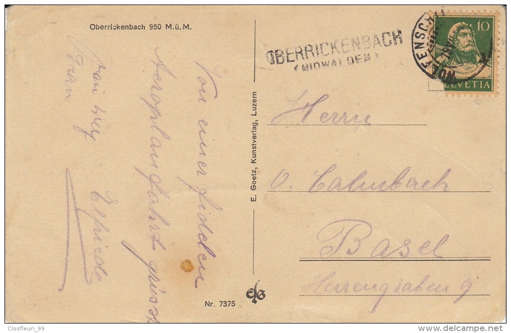 Oberrickenbach Mit Stempel Linéaire Und Rund Wolfenschiessen 19.VII.1930 Ungefähr - Wolfenschiessen