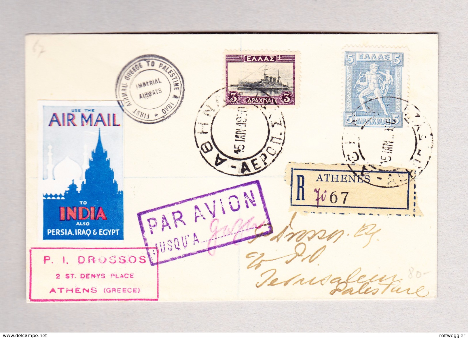 Griechenland ATHENES 15.1.1930 Luftpost R-Brief Nach Jerusalem Palestina AK-Stempel Gaza - Lettres & Documents