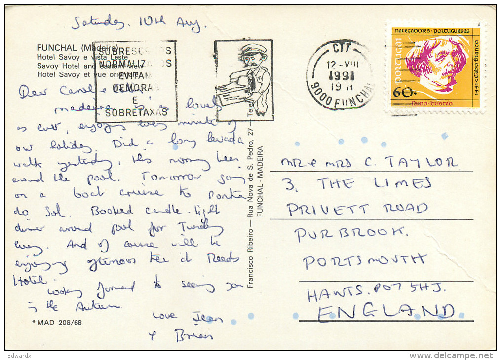 Hotel Savoy, Funchal, Madeira, Portugal Postcard Posted 1991 Stamp - Madeira