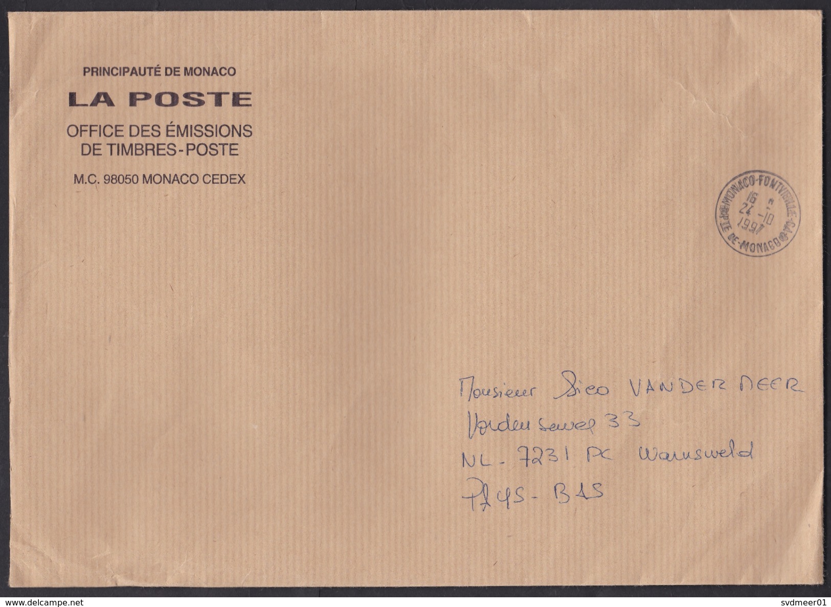 Monaco: Official Cover To Netherlands, 1997, Postage Free, Sent By Postal Service (minor Creases) - Cartas & Documentos
