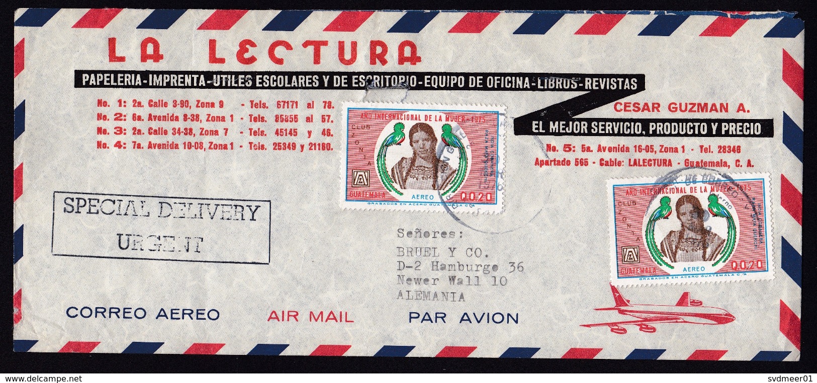 Guatemala: Airmail Express Cover To Germany, 1976, 2 Stamps, Girl, Birds (minor Damage: Staples) - Guatemala