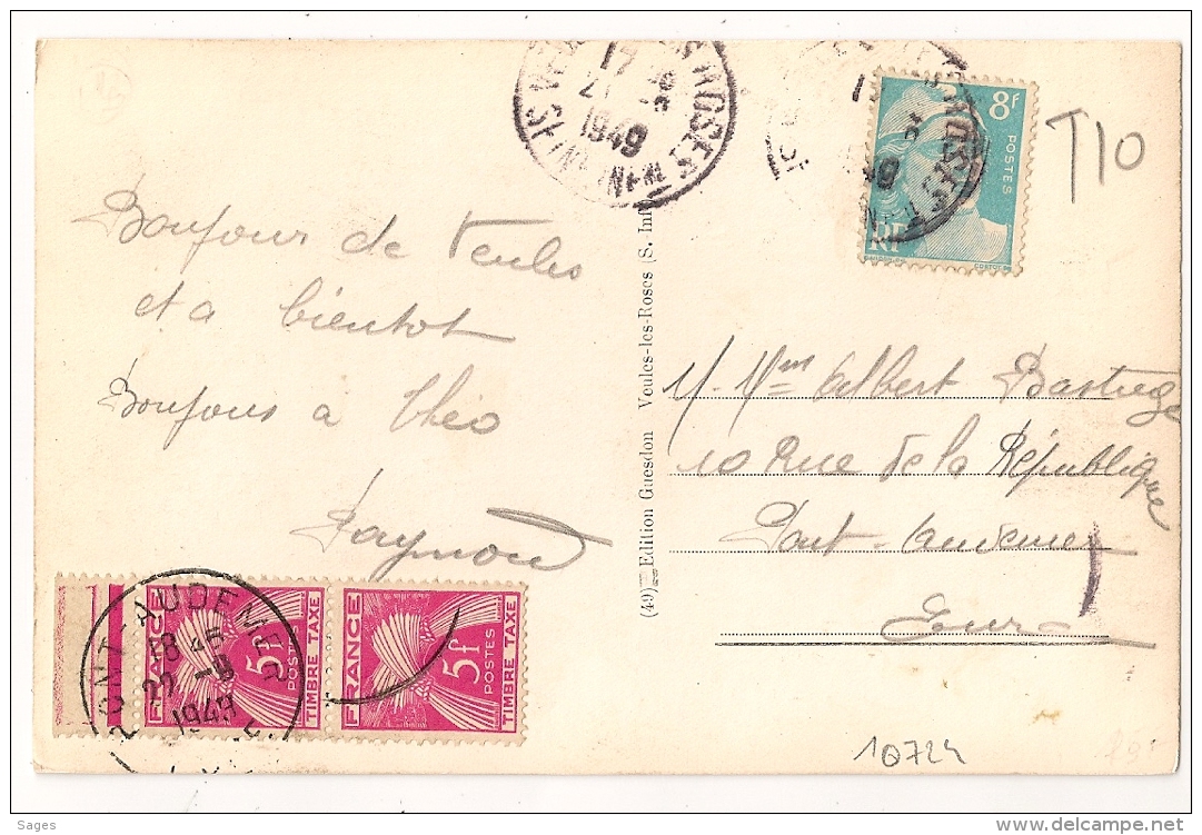 TAXE GERBE 10F Sur CP GANDON 8F, Taxé à PONT AUDEMER Eure. - 1859-1959 Lettres & Documents