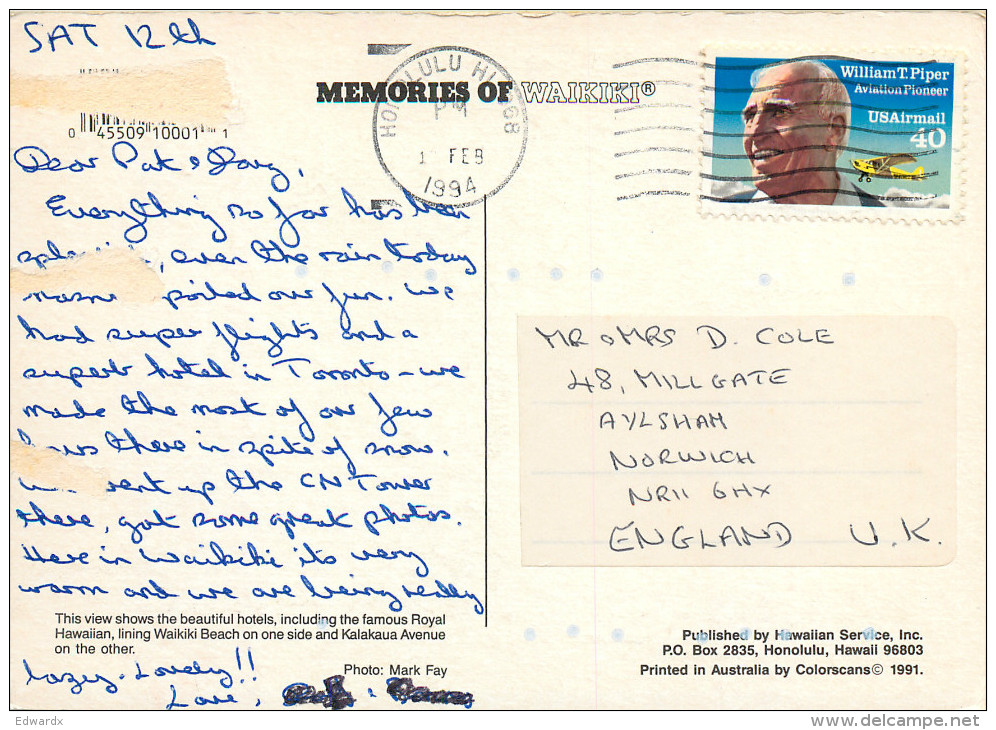 Waikiki, Honolulu, Hawaii, United States US Postcard Posted 1994 Stamp - Honolulu