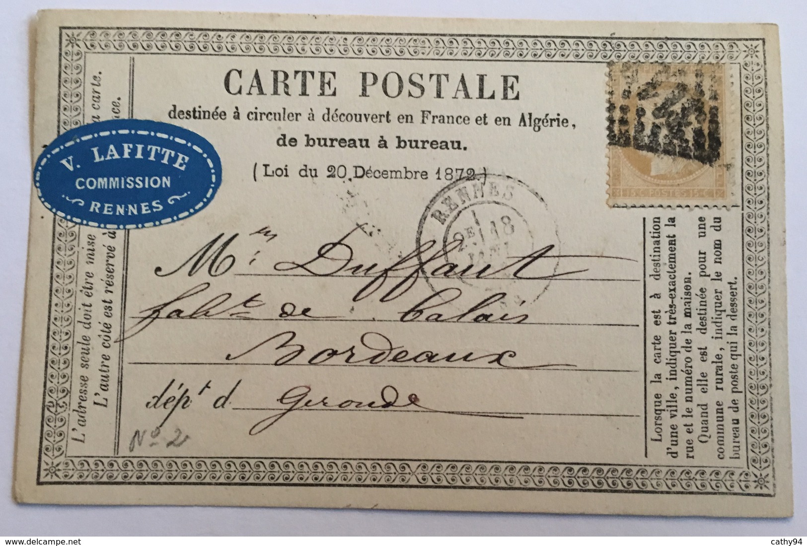 CARTE PRÉCURSEUR De RENNES Pour BORDEAUX Avec ETIQUETTE V.LAFITTE COMMISSION Affranchissement Type Cérès - Precursor Cards