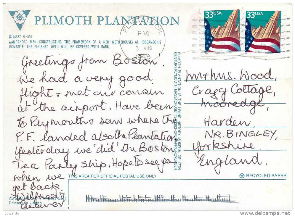 Plimoth Pantation, Plymouth, Massachusetts, United States US Postcard Posted 1999 Stamp - Other & Unclassified