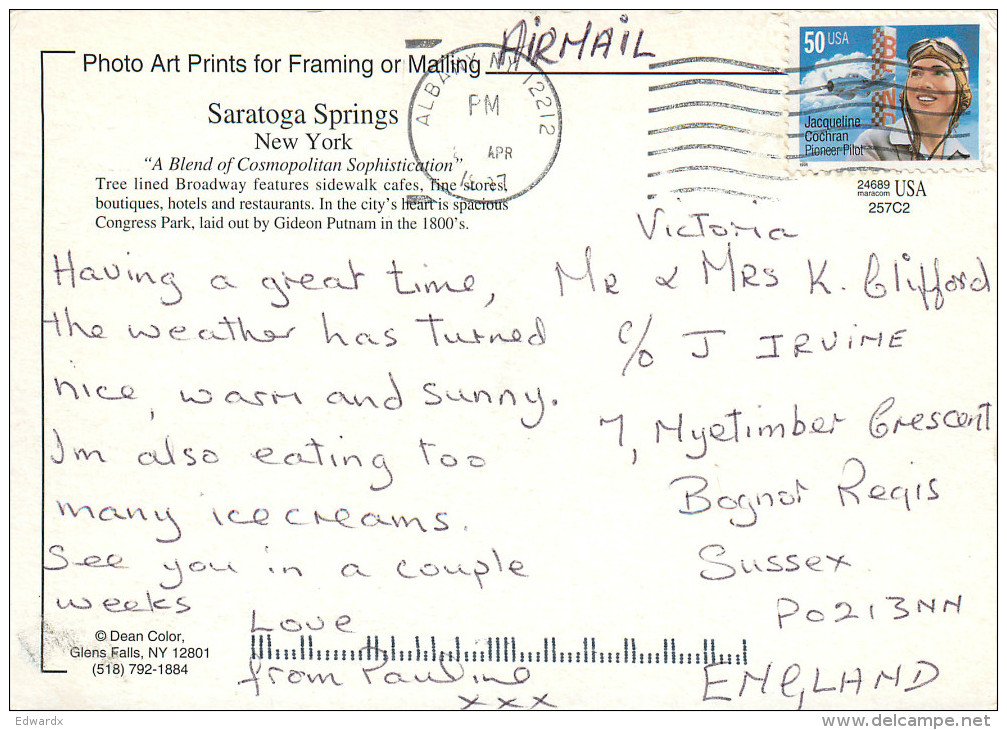 Saratoga Springs, New York, United States US Postcard Posted 1997 Stamp - Saratoga Springs