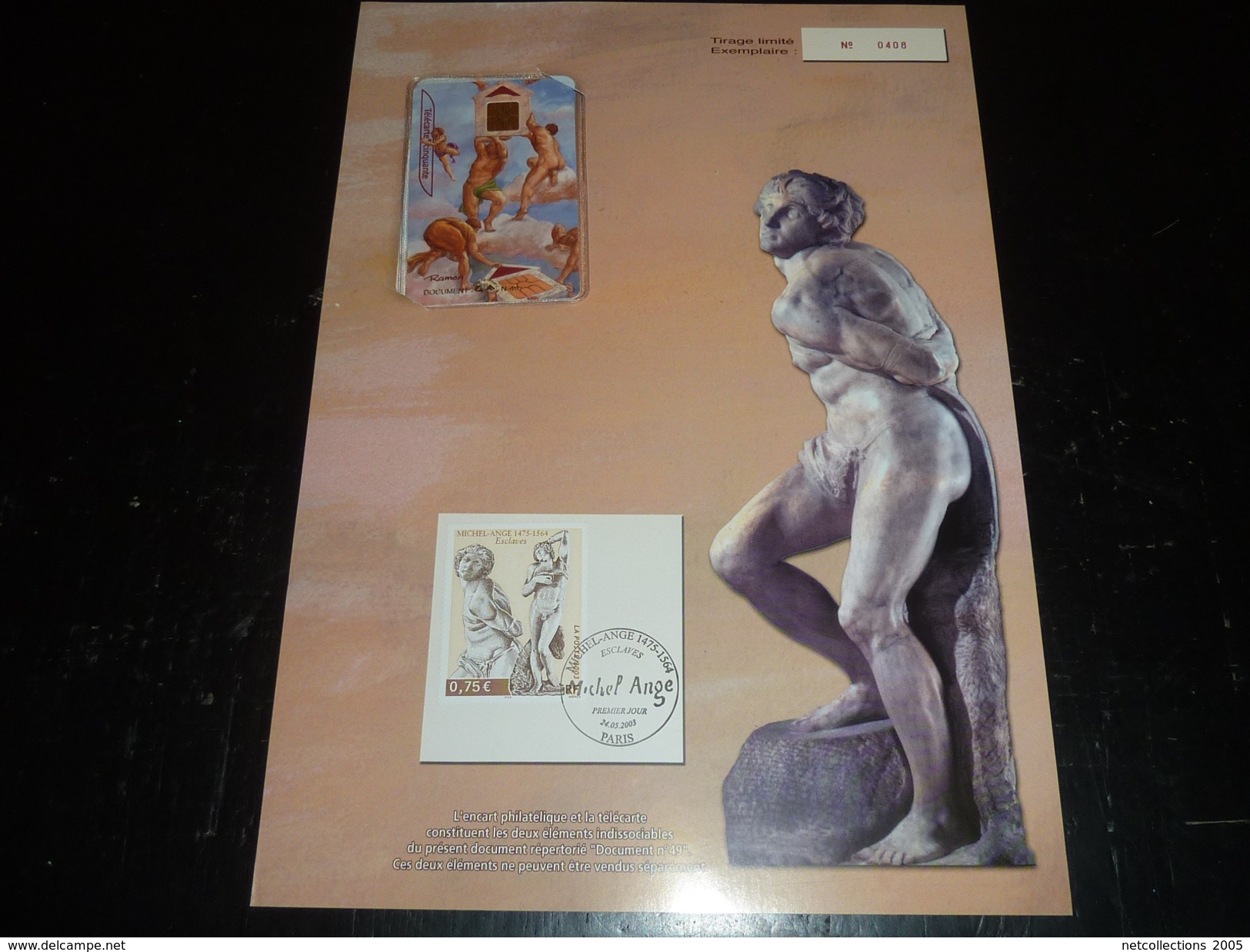 ENCART PHILATELIQUE ET LA TELECARTE DOCUMENT N°49 TIRAGE LIMITEE EXEMPLAIRE RARE - MICHEL ANGE  SCULPTURE  " ESCLAVES " - Collectors