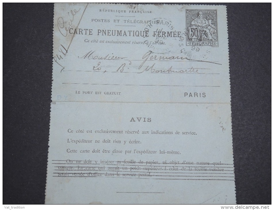 FRANCE - Pneumatique ( Carte Lettre ) De Paris En 1899 - A Voir - L 5851 - Rohrpost